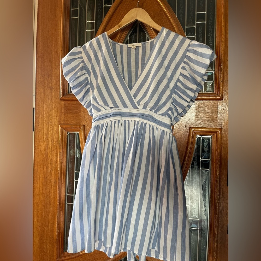 Blue and White Striped Dress with Ruffle Sleeves